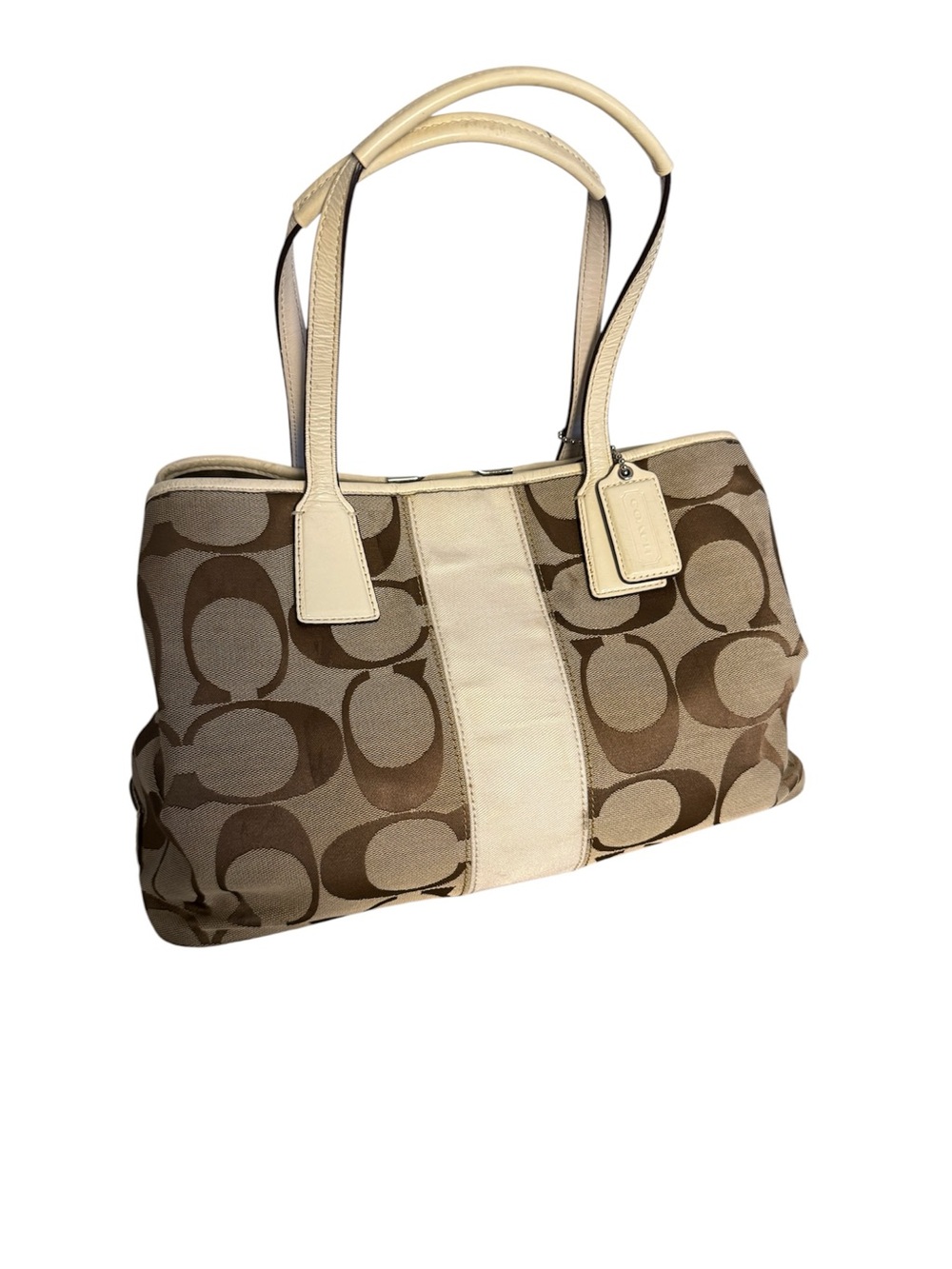 Coach Signature stripe frame khaki hold Chalk Stripe Tote purse ND1069-F13533